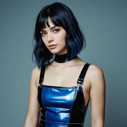 Young Woman in Black and Blue Latex Dress