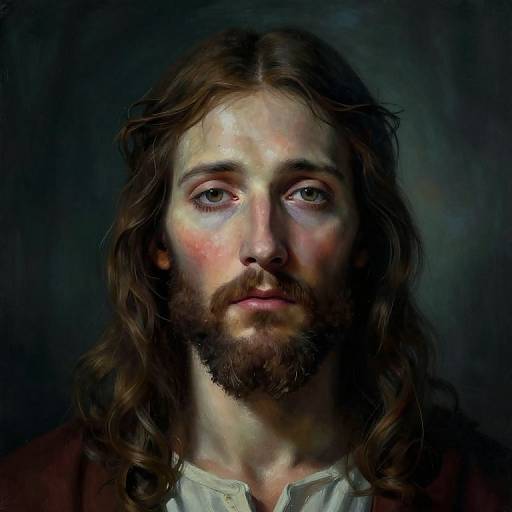 Digital painting of Jesus Christ with long brown hair, beard, and solemn expression, wearing a white shirt, against a dark background.