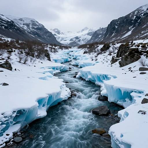 Photograph of a snow-covered, icy river flowing between dark, rocky mountains under a bright, overcast sky, with vivid blue ice formations contrasting against