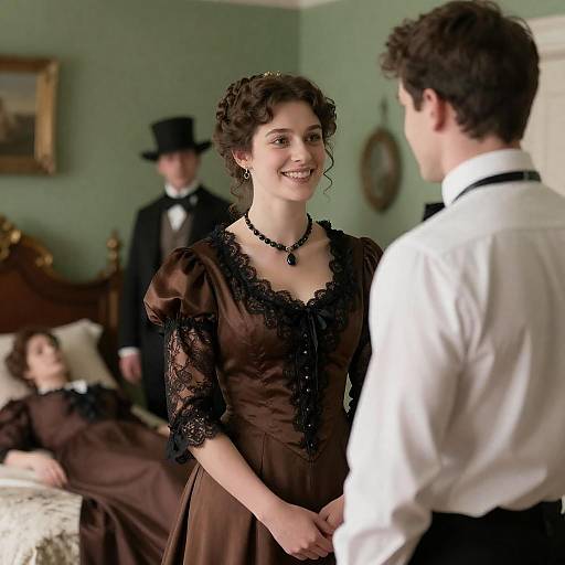 Victorian Parlor Smiling Woman and Gentleman