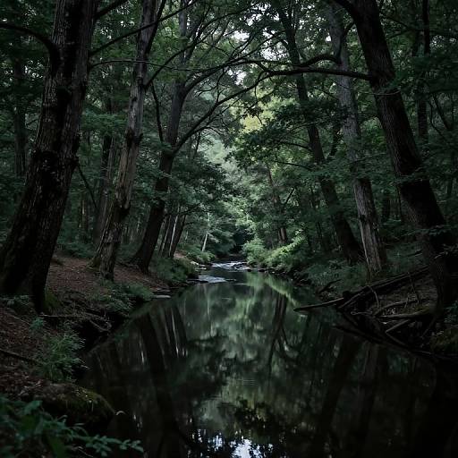 Photograph of a serene, dense forest with tall, dark trees arching over a reflective, calm stream, casting a mystical, green-tinted