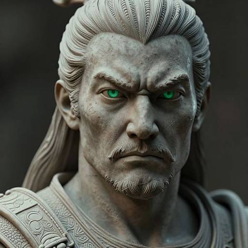 Photorealistic digital artwork of a stern, gray stone statue with intense green eyes, long gray hair, and detailed armor, featuring intricate patterns.