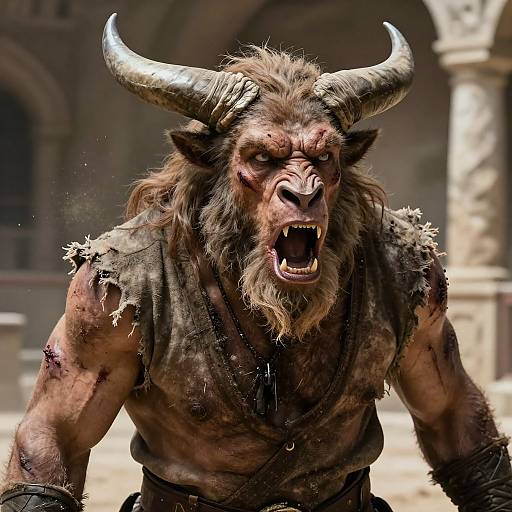 Photorealistic CGI of a snarling, muscular minotaur with large horns, tattered fur and leather, blood-stained, in a