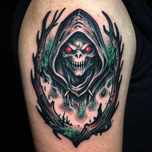 Vivid tattoo of a menacing skull with glowing red eyes, sharp teeth, and dark hood on human arm, surrounded by black thorns and green highlights