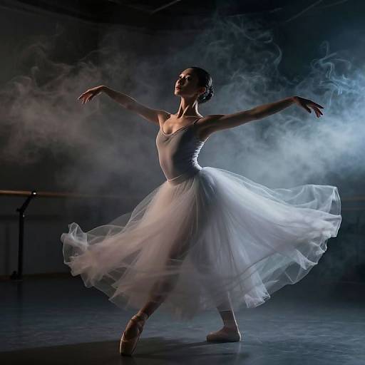 Photograph of a ballerina in a white tutu, arms gracefully outstretched, surrounded by dramatic blue and gray smoke, on a dim