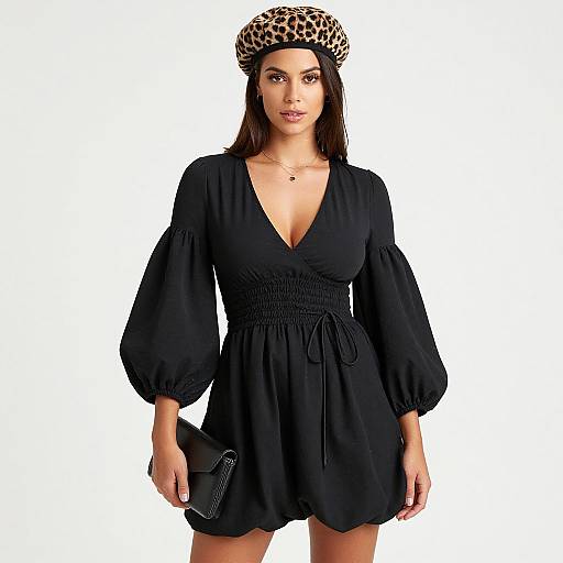 Photograph of a woman with long brown hair, wearing a black V-neck dress with puffed sleeves, leopard print beret, and black clutch,