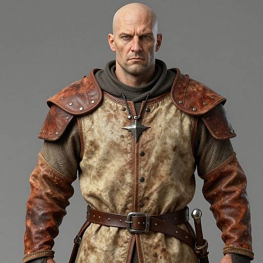 CGI image of a bald, muscular man with a stern expression, wearing medieval-style leather armor over a brown, fur-trimmed tunic.