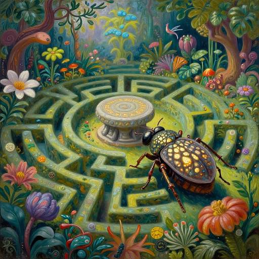 Vibrant digital illustration of a colorful garden maze with a glowing stone pedestal at its center, a patterned beetle hovering nearby, surrounded by lush flowers