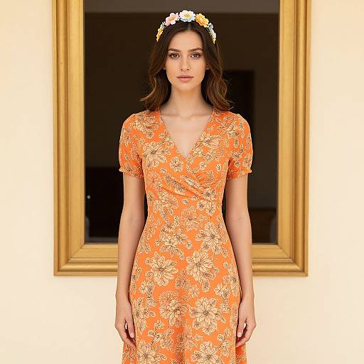 Woman in Floral Orange Dress by Window