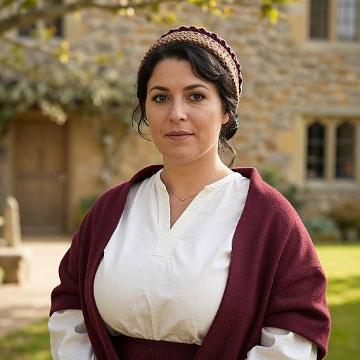 Photograph of a middle-aged woman with dark hair in a braided bun, wearing a white blouse and maroon cardigan, standing in front of