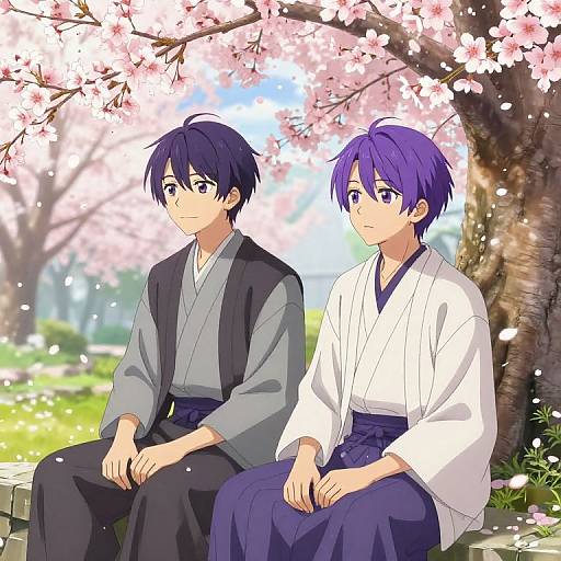 Anime-style digital drawing of two blue-haired boys sitting under cherry blossom trees, wearing traditional Japanese attire, with a sunny, springtime background.