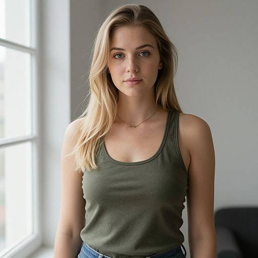 Photograph of a blonde, blue-eyed woman with fair skin, wearing a green tank top and blue jeans, standing in a bright room by a window