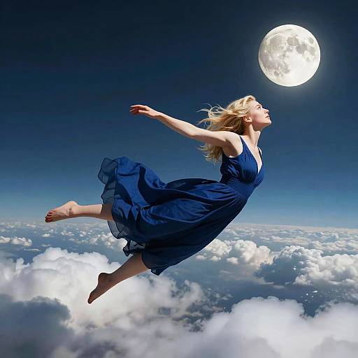 Blonde woman in flowing blue dress leaps against a night sky with full moon, surrounded by fluffy clouds. Dreamlike, ethereal photograph.