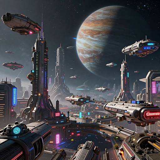 Digital art of a futuristic space city with neon-lit skyscrapers, floating spacecraft, and a large planet in the night sky.