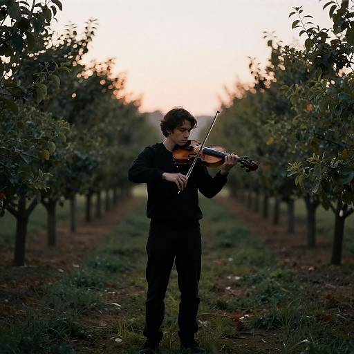 Violinist Playing in Orchard at Dawn