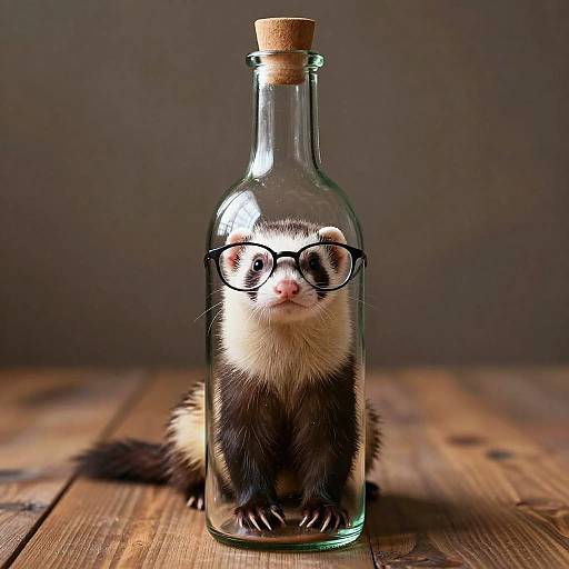 Photograph of a ferret with black-rimmed glasses and white face, inside a clear glass bottle with a cork stopper, on a wooden