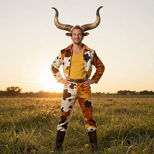Photograph of a smiling man with horned headpiece, wearing a cow-patterned suit, yellow shirt, and black boots, standing in a sun