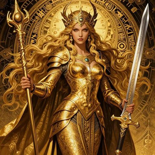 Digital illustration of a golden-armored, blonde queen with flowing hair, holding a staff and sword, standing before an ornate, circular, celestial background