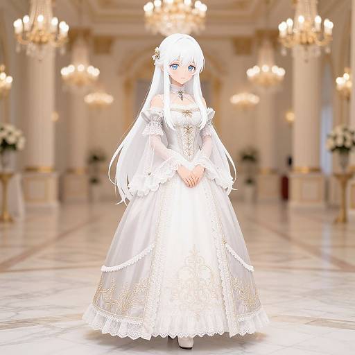 Digital anime-style drawing of a white-haired, blue-eyed girl in an ornate, lace-trimmed white wedding dress standing in a grand, ch