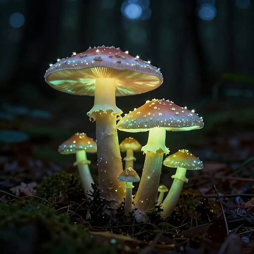 Photograph of glowing mushrooms in a dark forest, illuminated by bioluminescent dots on caps, with soft yellow and green light.