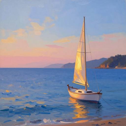 Digital painting of a small white sailboat with glowing sails, floating on calm blue ocean at sunset, with pink and orange sky.