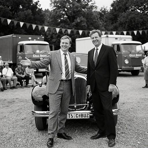 Two Men in Suits Posing by Vintage Car