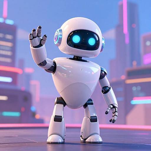 CGI image of a white, round robotic figure with glowing blue eyes and black joints, waving in a neon-lit futuristic cityscape.