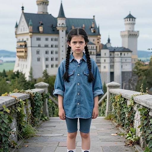 Photograph of a young girl with long black braids, wearing a denim shirt and shorts, standing on a stone bridge with overgrown ivy,