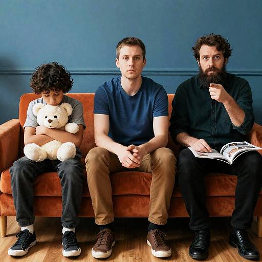 Three Males Sitting on Orange Couch