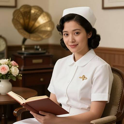 Photograph of an Asian woman with short black hair, wearing a white nurse uniform and cap, reading a book in a vintage office with a brass fan