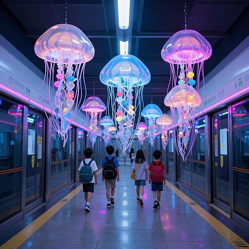 Photograph of a brightly lit subway station with glowing blue and pink jellyfish-shaped lights, three children walking away in the center.