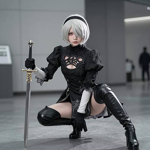 Intense 2B Cosplay in Indoor Setting