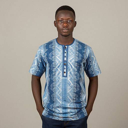 Photograph of a dark-skinned, muscular man with short hair wearing a blue, patterned, button-up shirt and dark jeans, standing against a