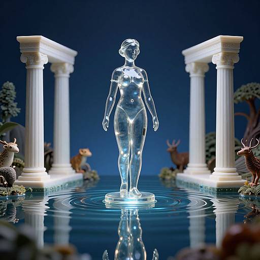Digital illustration: transparent female figure standing in illuminated water pool, surrounded by deer, classical columns, and a dark blue night sky.