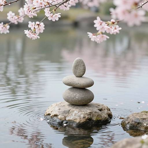 Photograph of three smooth, gray stones stacked on a rock in a calm pond, with pink cherry blossoms in the background.
