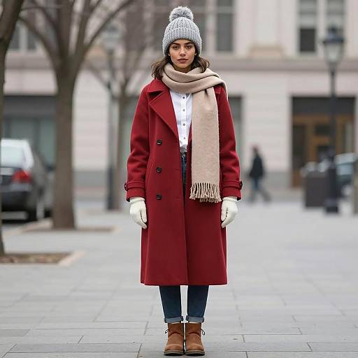 Young Woman in Red Winter Coat Standing Outdoors