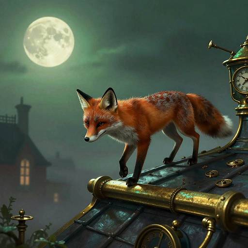 Clockwork Fox on Victorian Rooftop at Midnight