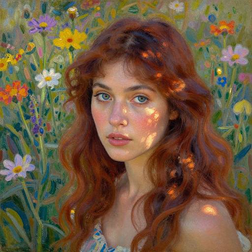 Digital painting of a young woman with wavy red hair, blue eyes, and fair skin, surrounded by colorful wildflowers, bathed in sunlight.
