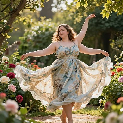 Photograph of a smiling, curvy woman with fair skin and wavy brown hair, wearing a flowing, floral sundress, dancing in a sun