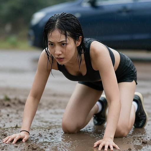 Rain-Soaked Woman Crawling Through Mud