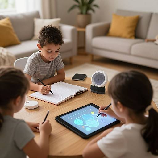 Photograph of three children, two girls and one boy, drawing and sketching on paper and tablet in a bright, modern living room.