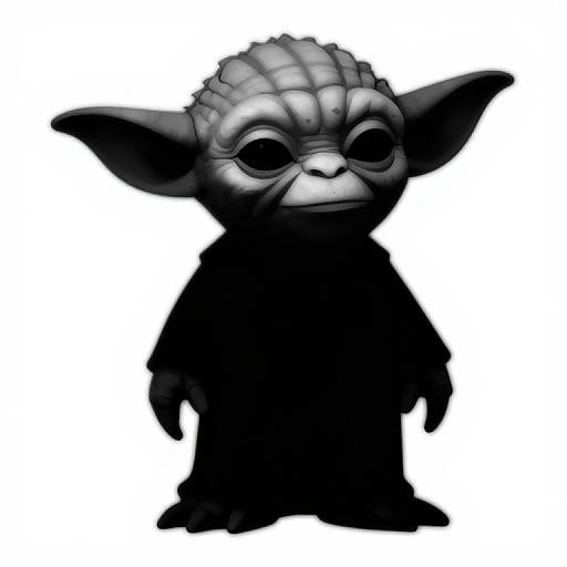 Digital drawing of a black, small, cute, cartoonish creature with large ears, big eyes, and a textured, scaly head, standing against