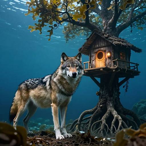 Photograph of a gray and white wolf standing in front of a wooden, fairy-tale birdhouse on a tree with exposed roots, underwater with blue
