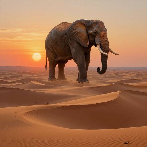 Photograph of a majestic, large African elephant with curved tusks standing in a golden desert, under a vibrant orange sunset.