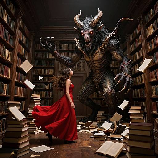 Digital artwork: A woman in a flowing red dress stands facing a towering, horned, demonic creature amidst a library with flying books. Dark, dramatic
