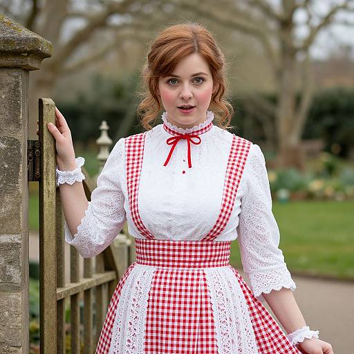 Photograph of a fair-skinned, red-haired woman in a vintage red and white gingham dress with lace details, standing by a wooden gate in