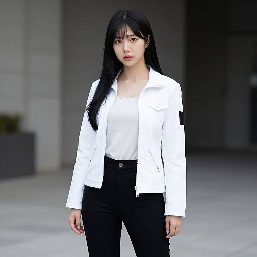 Photograph of an East Asian woman with long black hair, wearing a white blazer, white top, and black pants, standing in a modern,