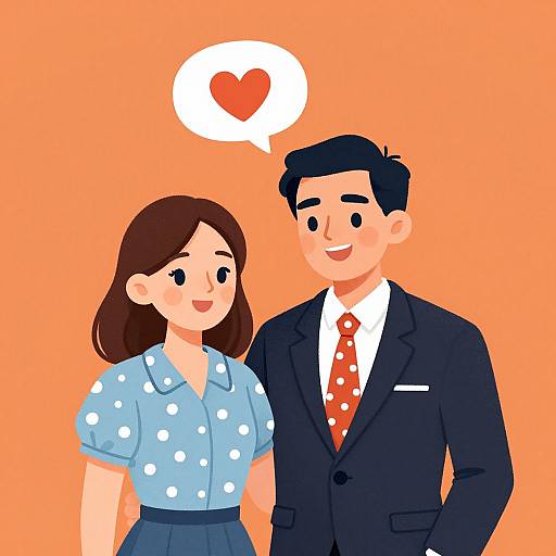 Cartoon-style illustration of a smiling couple with a heart speech bubble against an orange background. Woman in blue polka dot blouse, man in black suit