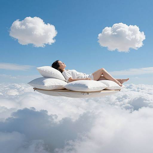 Woman in white sleepwear floats on white pillows above fluffy clouds with a bright blue sky and white puffy clouds.