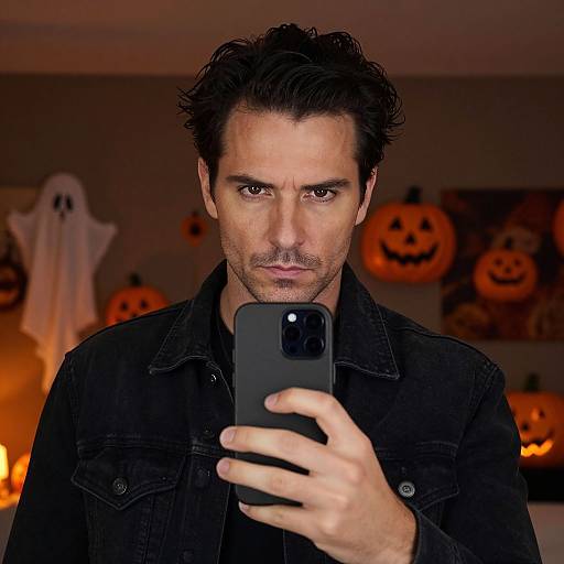 Photograph of a handsome, dark-haired man with stubble, wearing a black denim jacket, taking a selfie in a Halloween-decorated room with